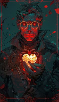 a man holding a heart in his hands with red light coming out of the eyes