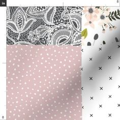 four different patterns with white polka dots and pink flowers on the left, black and white floral designs on the right