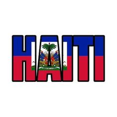 the word haiti written in different colors and letters with a palm tree on one side