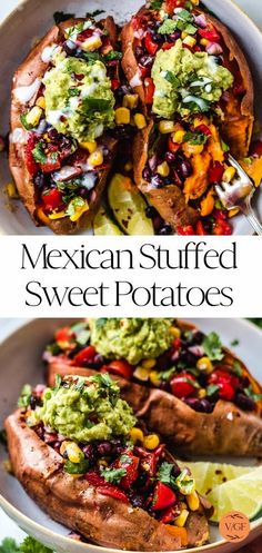 mexican stuffed sweet potatoes with guacamole and salsa