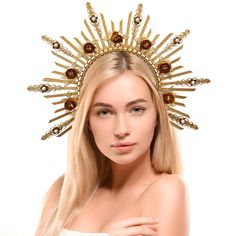 PRICES MAY VARY. This fashionable headpiece is created entirely by hand, based on the original design. The productive time is longer, making the product more exquisite. This golden crown adds a unique sparkle to a costume or suit, made of alloy and rhinestones / made of alloy and pearls / made of high quality plastic zipper, pearls, metal chain and metal headband. The halo headband is adjustable and flexible, not limited by hair length or hairstyle, can be bent and adjusted to fit your head size Engagement Cocktail Party, Goddess Headdress, Goddess Party, Emily Corpse Bride, Egyptian Princess, 1920s Headpiece, Goddess Crown, Headpiece Diy, Sun Goddess