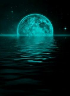 an image of a full moon in the sky over water with stars floating around it