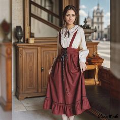 Olivia Mark - Vintage-Inspired Belted Overall Dress with Long Sleeve Shirt Set Tie Strap Dress, Belted Midi Skirt, Asymmetrical Midi Skirt, Suspender Skirt, Suspender Dress, Chic Vintage, Overall Dress, Strap Dress, Vintage Chic