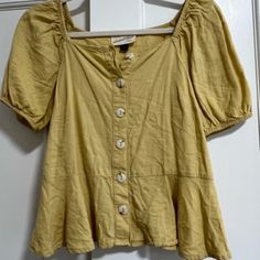 Never Worn, Light Gold Short Sleeve Peasant Top Fitted Yellow Tops With Buttons, Mustard Button-up Casual Top, Mustard Casual Button-up Top, Fall Yellow Cotton Blouse, Casual Mustard Button-up Top, Yellow Cotton Blouse For Fall, Casual Mustard Cotton Blouse, Mustard Casual Top For Spring, Casual Mustard Top For Spring