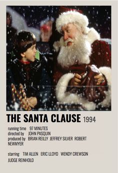 an advertisement for the santa clause, with a child looking at him and another person standing next to him