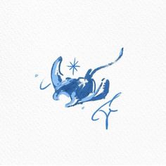 an ink drawing of a blue crab on a white paper with the letter f in it's center