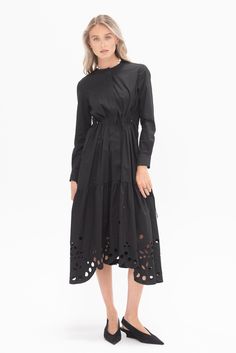 MANTÙ - Dress, Black Spring Dresses With Front Lace-up Fastening, Casual Long Sleeve Dress With Cutwork Hem, Cotton Long Sleeve Dresses With Cutwork Hem, Long Sleeve Eyelet Dresses For Spring, Kick Pleat, Tier Skirt, Tiered Skirt, Button Placket, Sweater Skirt