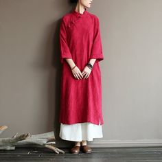 Autumn Loose Literary Vintage Linen Maxi Dress Long Sleeve Dress One Size Red Casual Winter Dresses With Stand Collar, Casual Dresses With Stand Collar, Casual Fall Dresses With Stand Collar, Casual Red Short Sleeve Tunic, Solid Color Spring Dresses With Stand Collar, Red Stand Collar Dress For Spring, Long Casual Tunic For Spring, Casual Long Tunic For Spring, Red Short Sleeve Tunic For Spring