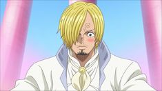 an anime character with blonde hair wearing a white shirt and tie in front of pink columns