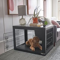 a dog in a cage on the floor next to a couch and table with a potted plant