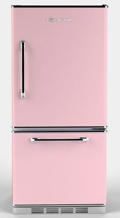 a pink refrigerator freezer sitting on top of a white floor