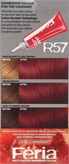 Feria by L'Oreal Paris gives you cutting-edge, multi-faceted, shimmering color that never wrecks or ravages. L'Oreal Paris Feria Shimmering Permanent Hair Color, R57 Cherry Crush (Intense Medium Auburn), 1 kit; Feria by L'Oréal Paris gives you cutting-edge, multi-faceted, shimmering color for vibrant, healthy-looking hair Feria's Bonding Care Complex Conditioner helps repair hair's strength; Helps protect fragile hair bonds Delivers trendy, edgy, shimmering, fashionable and multi-tonal hair colo Bright Red Hair Color, Cherry Crush, Bright Red Hair, Dimensional Color, Deep Conditioning, Permanent Hair Color, Dye My Hair, Red Hair Color, Silky Hair