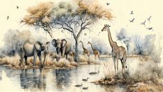 watercolor painting of giraffes, elephants and zebras by a river