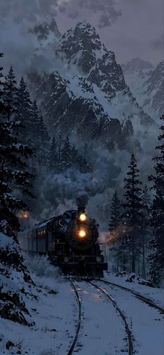 Christmas Train Wallpaper, Dark Snowy Forest, Winter Forest Wallpaper, Aesthetic Winter Wallpaper, Train Wallpaper, Environmental Artist, Hogwarts Christmas, Locomotive Train, Gray Art