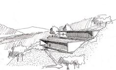 a drawing of a house on top of a hill with trees and mountains in the background