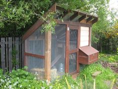 a chicken coop in the middle of a garden