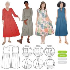 three women's dresses and one woman's dress sewing pattern