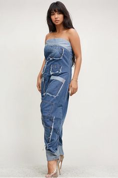 Get ready to turn heads in this Denim Patchwork Bandeau Jumpsuit! With a drop crotch and functional pockets, this jumpsuit is both stylish and practical. Highlight your curves with the fitted bust and waist, and easily transition from summer to fall by layering with a t-shirt or blouse. Take advantage of this hot seller! The estimated Ship Date for Plus is mid-September. Limited Quantities. Runs true to size. Bandeau Jumpsuit, Plus Size Denim, Strapless Bandeau, Summer To Fall, Denim Patchwork, Poncho Sweater, Jumpsuit Fashion, Bandeau Top, Baggy Fits