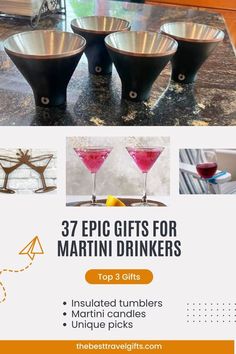 three martini glasses sitting on top of a counter next to each other with the words, 37