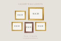 the gallery wall layout is shown with six different sizes and frames, each displaying their own size