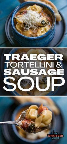 tortellini and sausage soup in a blue bowl