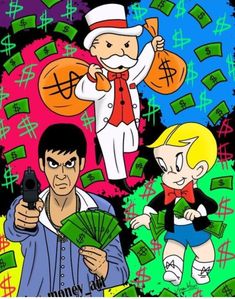 two cartoon characters are holding money and pointing at something in front of them, while another character is on the phone