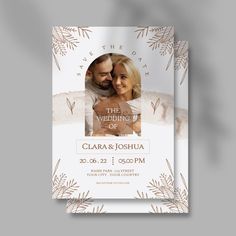 the wedding of clara and joshua is displayed on a white card with gold foiling