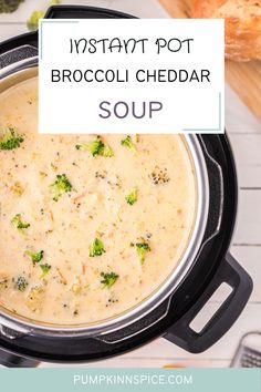 instant pot broccoli cheddar soup in a crock pot with text overlay