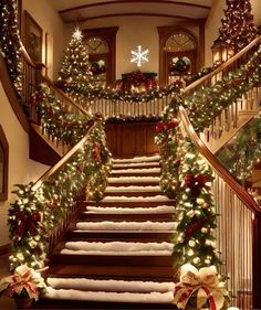 stairs decorated with christmas lights and garlands