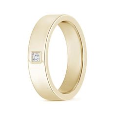 a yellow gold wedding ring with a princess cut diamond in the center and an invisible channel