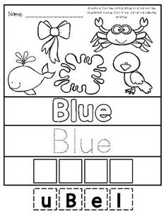 blue and white worksheet for the letter u with pictures to color on it