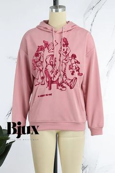 Bjux - Charming Pink Hooded Collar Tops with Drawstring Pocket and Cute Print Winter Hoodie With Drawstring In Pink, Pink Spring Hoodie With Drawstring, Pink Drawstring Hoodie For Spring, Trendy Pink Hoodie With Drawstring, String Pocket, Hooded Tops, Collar Top, Cute Pattern, Cotton Style