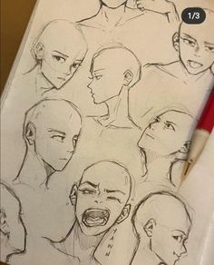 a pencil drawing of various facial expressions on paper