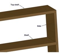 a wooden shelf with the top shelf labeled