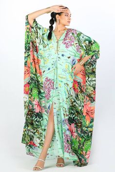 Green Printed V-neck Kaftan, Green V-neck Printed Kaftan, Floor-length Kaftan For Spring Vacation, Elegant Printed V-neck Kaftan, Floor-length Spring Vacation Kaftan, Spring Vacation Floor-length Kaftan, Bohemian Floral Print Floor-length Kaftan, Floor-length Floral Print Kaftan For Spring, Spring Floral Print Floor-length Kaftan