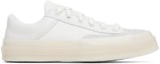 Low-top paneled suede, grained leather, and mesh sneakers in white. · Lace-up closure · Logo patch at tongue · Padded collar · Logo embossed at outer side · Cushioned CX foam footbed · Mesh lining · Rubberized logo patch at heel · Treaded rubber sole Supplier color: Vintage white/Fossilized Converse Leather Sneakers With Gum Sole, Converse Low-top Sneakers With Rubber Waffle Outsoles, Converse Mid-top Sneakers With Perforated Toe Box, Converse Sporty High-top Sneakers With Perforated Toe Box, Sporty Leather Converse Sneakers, Converse Sneakers With Perforated Toe Box For Sports, Converse Lace-up Sneakers With Textured Sole, Converse Sneakers With Textured Sole And Lace-up, Converse White Sneakers With Textured Sole