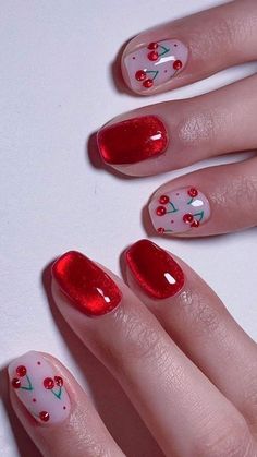 26 Cute & Charming Cherry Nails of 2024 To Swoon Over! Strawberry Nails Designs, Fruity Nails, Strawberry Nail Art, Strawberry Nails, Fruit Nail, Unghie Sfumate, Unghie Nail Art, Heart Nail Designs, Nagellack Trends