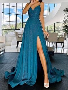 Shiny A Line V Neck Peacock Blue Long Prom Dress with Leg Slit, Blue Long Formal Graduation Dresses Blue Wedding Gowns, Elegant Evening Dress, Formal Dresses Graduation, Hoco Dresses Tight, Floor Length Prom Dresses, Blue Wedding Dresses, Piece Prom Dress