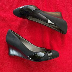 Life Stride Velocity Memory Foam Black Wedge Shoes. Faux Suede With Patent Leather. Never Worn! New! Black Wedge Sandals For Workwear In Spring, Black Synthetic Medium Width Wedge Sandals, Black Synthetic Wedge Sandals For Formal Occasions, Black Wedge Shoes, Black Wedge, Shoes Color, Women Life, Womens Shoes Wedges, Wedge Shoes