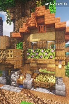 an image of a tree house made out of wood and plants in minecraft style