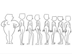 a line drawing of different types of female mannequins with their arms around each other