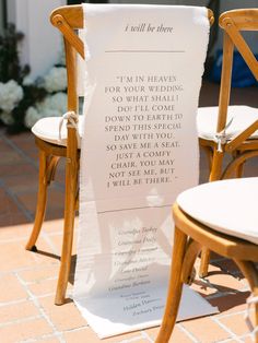 two chairs and a sign that says i will be here in heaven for your wedding