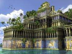 an ancient egyptian city on the water with palm trees