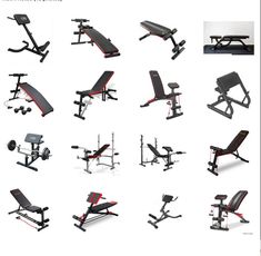 an assortment of different types of weight benches and gym equipment for home or commercial use