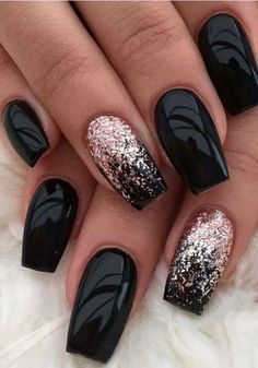 Black And White Nails, Black Gel Nails, Black Nails With Glitter, Nails With Glitter, Black Coffin Nails, Black Acrylic Nails, Valentine Nails, Black Nail Art