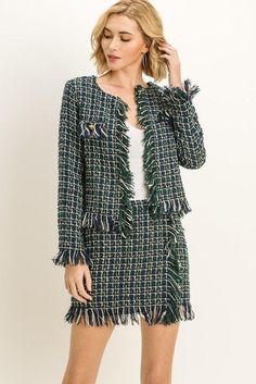 Women's Fringed Tweed Green Jacket - steven wick Dreamy Clothes, Stepford Wife, Tweed Set, Blazer And Skirt Set, Best Blazer, Green Tweed, Blazer And Skirt, Tweed Skirt, Clothes Women