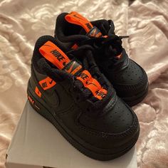 Black And Orange Baby Air Forces Size 3 Black Non-slip Synthetic Sneakers, Black Non-slip High-top Sneakers, Black Casual Sneakers With Soft Sole, Black High-top Sneakers With Soft Sole, Pink Soccer Cleats, Toddler Basketball, Kevin Durant Shoes, Bday Shoot, Black Basketball Shoes