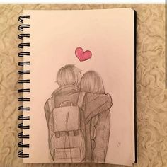 a drawing of two people hugging each other with a heart shaped object in the background