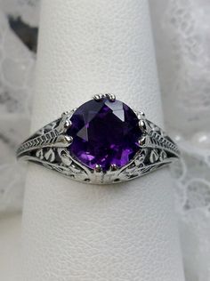 Natural Purple Amethyst Ring/ Sterling Silver or White Gold/ - Etsy Classic Amethyst Ring With Round Cut, Purple Amethyst Ring With Intricate Design, Elegant Amethyst Wedding Ring With Center Stone, Heirloom Purple Amethyst Ring With Intricate Design, Heirloom Amethyst Filigree Ring In Purple, Heirloom Amethyst Ring With Filigree, Heirloom Style Purple Amethyst Ring With Filigree, Elegant Purple Amethyst Ring With Intricate Design, Classic White Gold Amethyst Ring