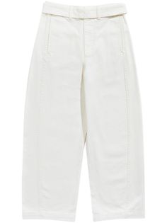 white cotton denim belt loops concealed front fastening two rear patch pockets straight hem wide leg Cotton Wide Leg Flare Jeans With Belt Loops, White Straight Leg Jeans With Belt Loops, White Denim Bottoms With Belt Loops, White Relaxed Fit Cropped Jeans With Tapered Leg, White Wide-leg Denim Jeans, White Tapered Leg Cropped Jeans, Cotton Flare Jeans With Belt Loops For Work, White Wide Leg Summer Pants With Belt Loops, White Cropped Leg Jeans With Belt Loops